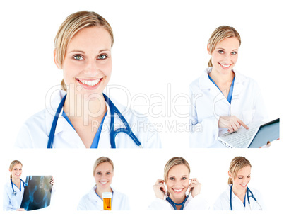 Collage of a female scientist using a stethoscope