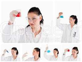 Collage of a female scientist looking at a red test tube and a b