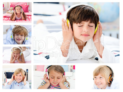 Collage of children listening to music