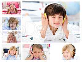 Collage of children listening to music