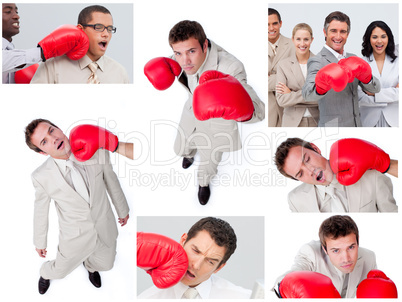 Collage of business people boxing