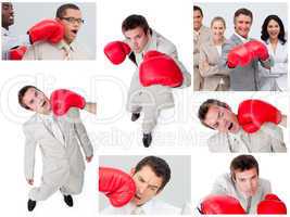 Collage of business people boxing