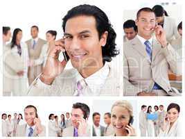 Collage of business people using telephones