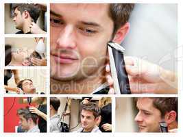 Collage of a young man at the hairdresser