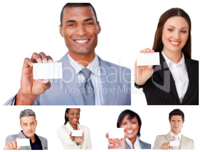 Collage of business people showing signs