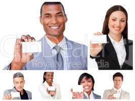 Collage of business people showing signs
