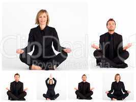 Collage of business people practicing yoga