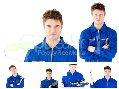 Collage of a young man tinkering