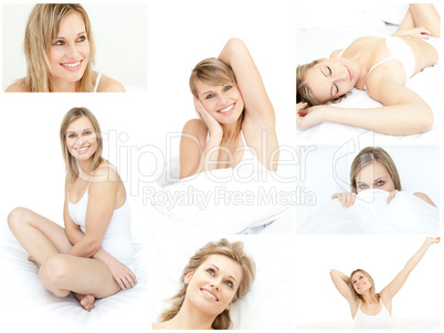 Collage of a young woman in her bed