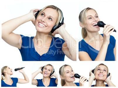Collage of a young woman listining to music and singing