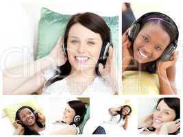 Collage of young women listening to music