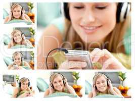 Collage of a cute woman listening to music