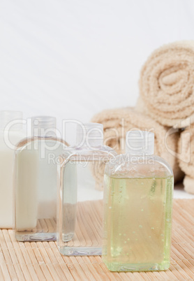Close up of massage oils and towels