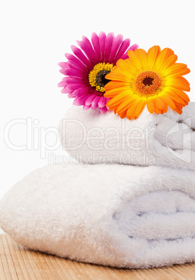 Fuchsia and orange sunflovers on white towels