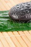 Close up of a black stone and a leaf