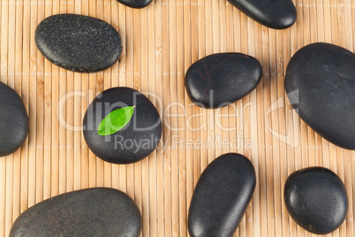 Black stones with a leaf on one of them