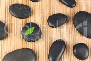 Black stones with a leaf on one of them