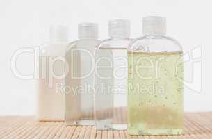 Close up of massage oil bottles