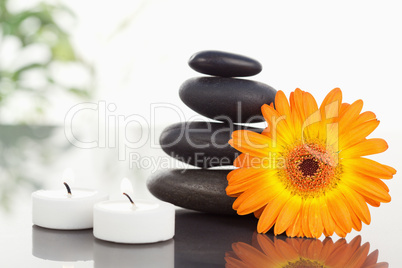 Lighted candles pebble stack an orange gerbera