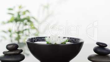 White flower floating in bowl in th ;iddleand two stacks of blac