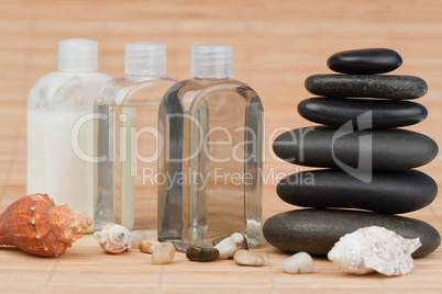 Sea shells with pebbles and glass phial