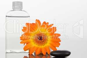 A black pebble with an orange gerbera and a glass flask