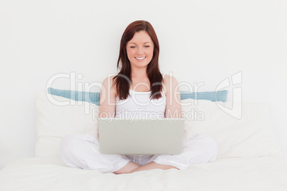 Gorgeous red-haired female relaxing with her laptop while sittin