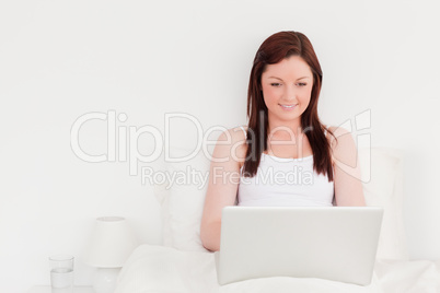 Good looking red-haired woman relaxing with her laptop while sit
