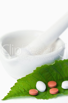 Mortar and pestle with pills on a leaf