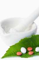 Mortar and pestle with pills on a leaf