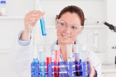 Young scientist looking at test tubes