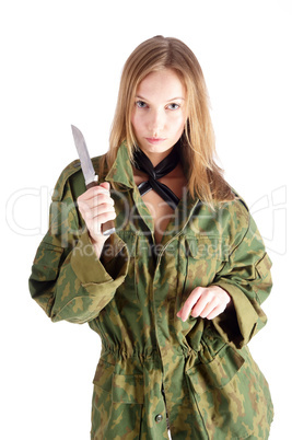 Woman with knife on white