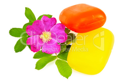 Two pieces of soap with flower wild rose