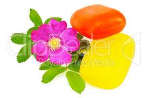Two pieces of soap with flower wild rose