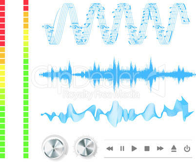 Music inspired background in blue with sound waves and equalizer graph