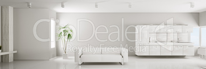 Modern interior of white apartment panorama 3d render