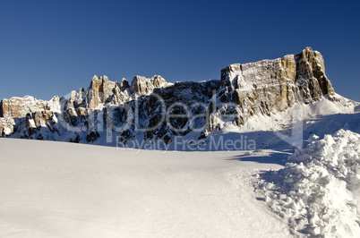 Snowy Landscape of Dolomites Mountains during Winter
