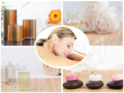 Collage of small bottles with candles and a woman