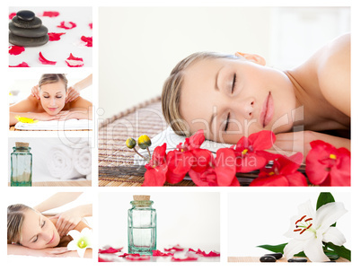 Collage of a charming blond woman relaxing