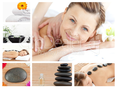 Collage of a good looking blond woman relaxing