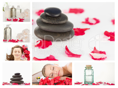 Collage of beautiful women relaxing while lying