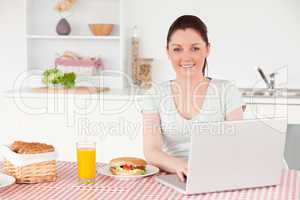 Good looking woman posing while relaxing with her laptop at lunc