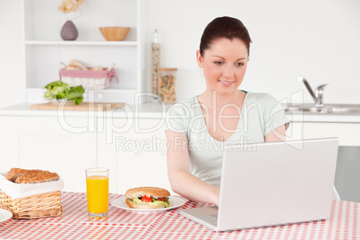 Beautiful woman posing while relaxing with her laptop at lunch t