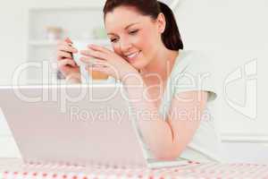 Charming woman relaxing on her laptop while drinking a cup of te