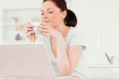 Good looking woman relaxing on her laptop while drinking a cup o
