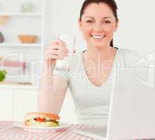 Attractive woman relaxing on her laptop and posing while drinkin
