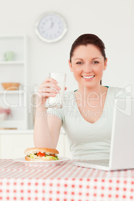 Pretty woman relaxing on her laptop and posing while drinking a