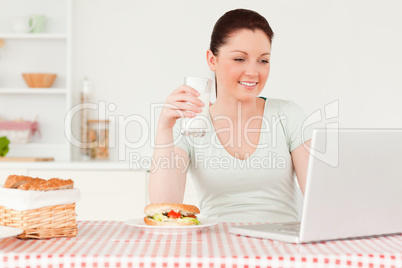 Smiling woman relaxing on her laptop while drinking a glass of m