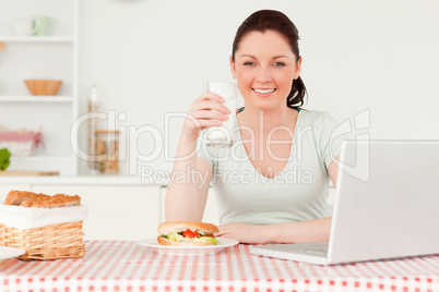Beautiful woman relaxing on her laptop and posing while drinking