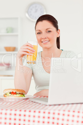Smiling woman relaxing on her laptop and posing while drinking a